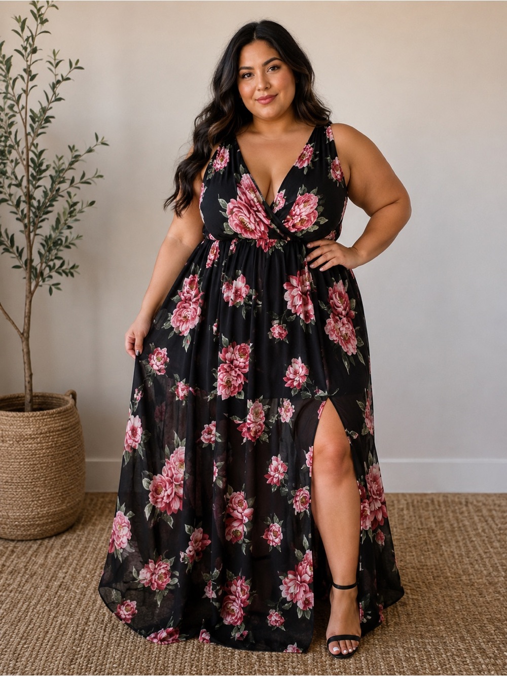 Kimcine Curve Black Sheer Maxi Dress with Pink Floral Print Size XL New